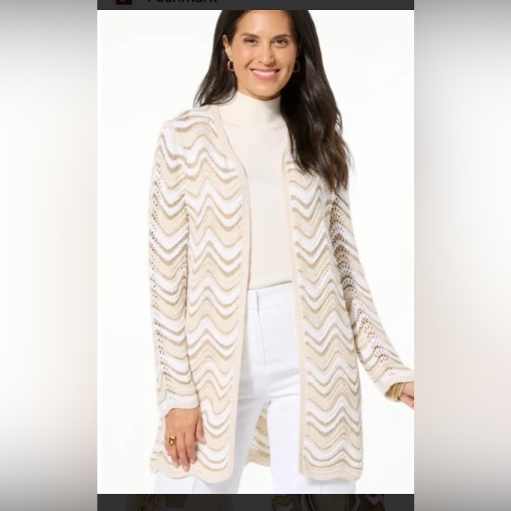 Jaclyn Smith Cream Open-Front Chevron Cardigan. Cotton blend